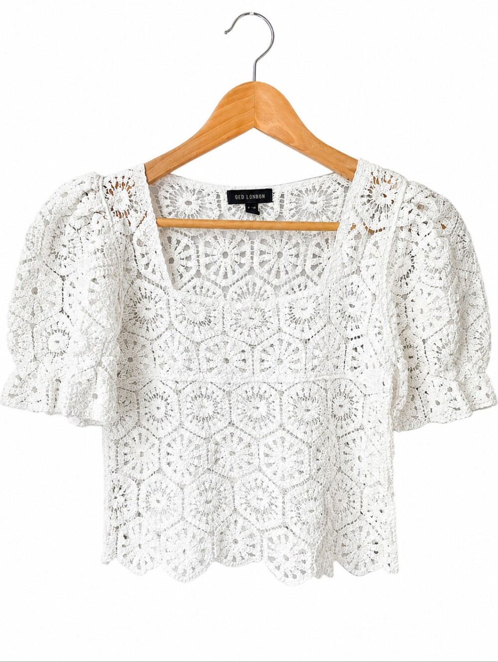 Qed London Crochet Knit Top White Boho Cottagecore Puff Sleeve S/M - Picture 2 of 9